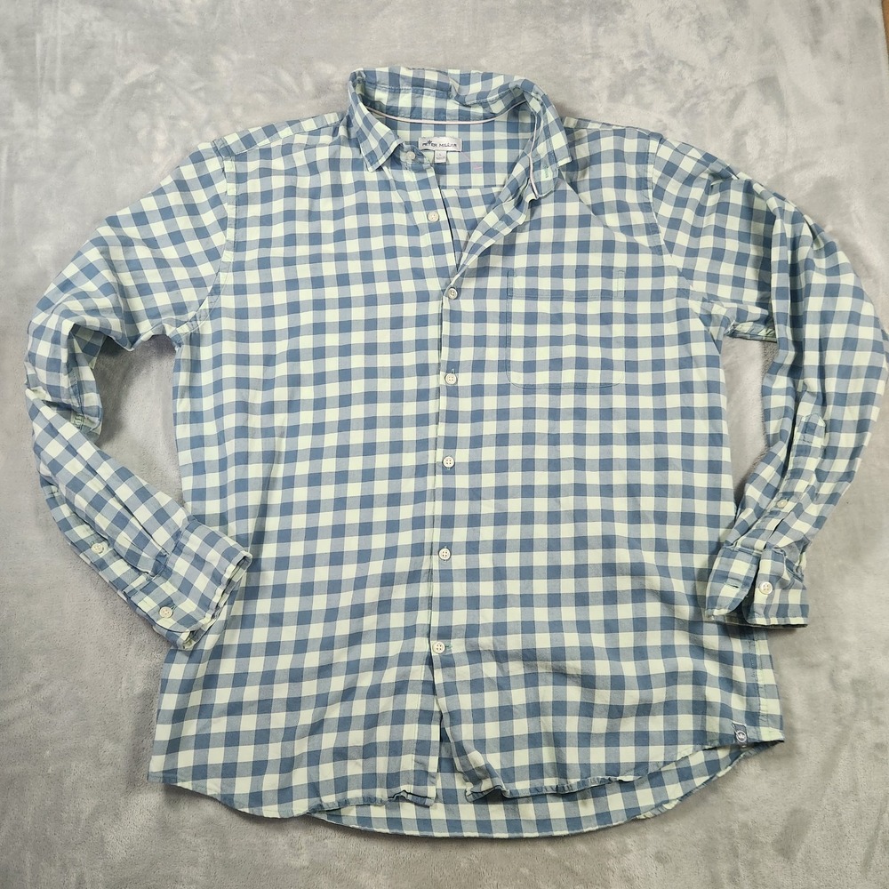 Peter Millar Silk Blend Blue‎ Check Gingham Long Sleeve Button Down Men's Large